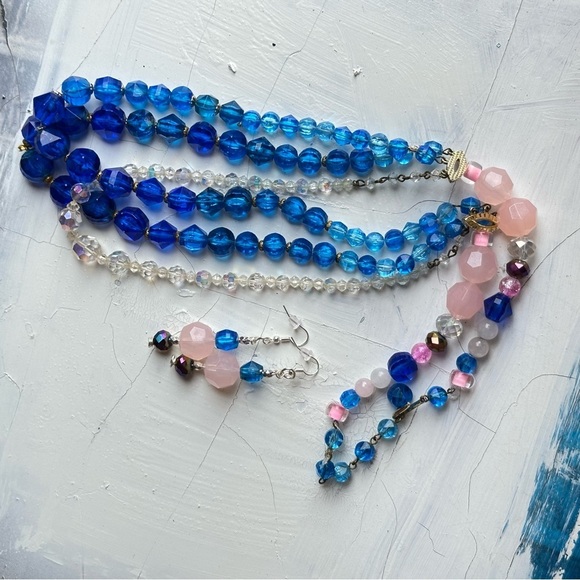 W. Germany VTG Blue Beads OOAK Assemblage Art Necklace Set Repurposed Handmade - Picture 8 of 12